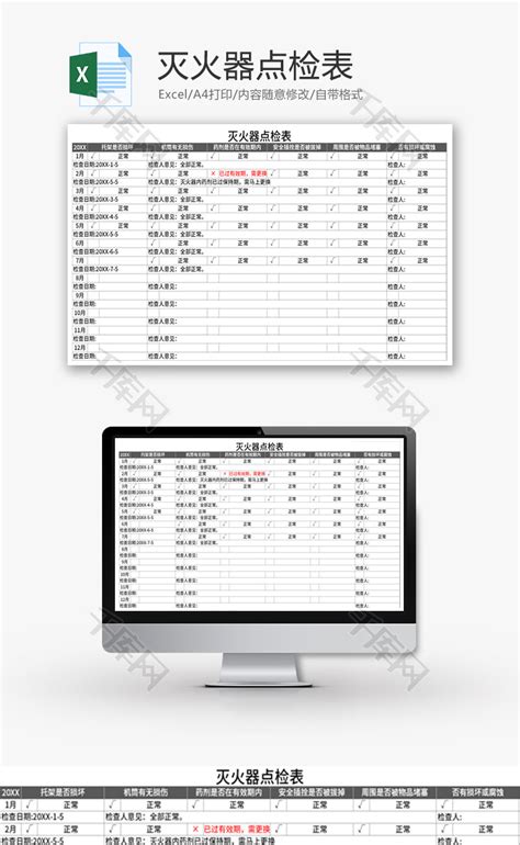 灭火器点检表excel模板千库网excelid：149359