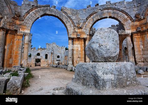 St Simeon's pillar in the ruins of the church of St Simeon, Syria Stock ...