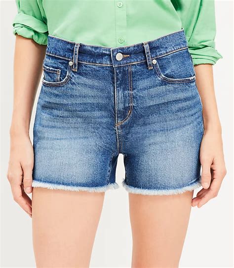 Petite Frayed High Rise Cut Off Denim Shorts In Authentic Dark Wash