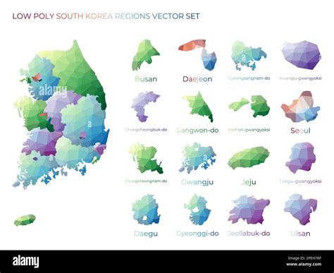 South Korean Low Poly Regions Polygonal Map Of South Korea With