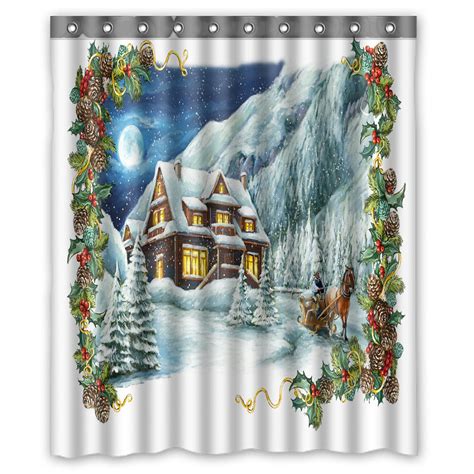 Phfzk Snow Shower Curtain Christmas Winter Happy Scene Polyester