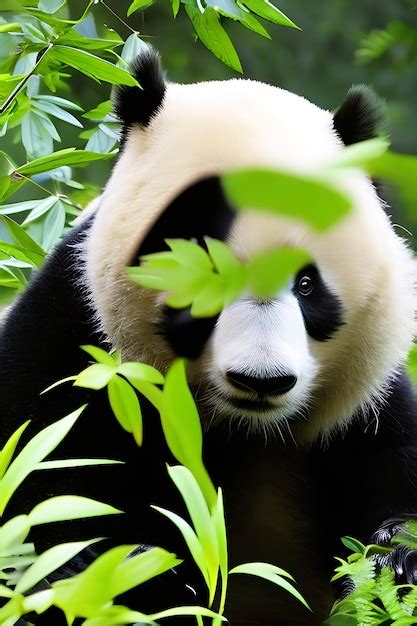 Premium AI Image | A closeup view of a panda bear in its natural habitat surrounded by a lush ...