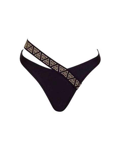 Black Asymmetrical Thong Low Rise Bikini Bottom With Branded Strap XS