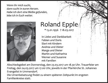 Traueranzeigen Von Roland Epple Schwaebische De Trauerportal