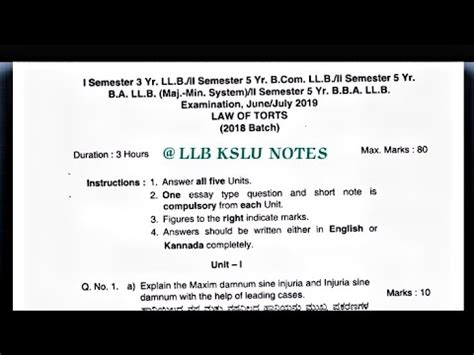 Ll B Law Of Torts Question Paper Kslu St Sem