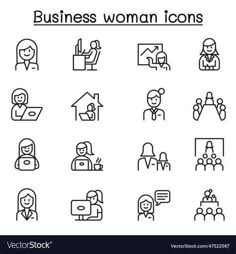 Business Woman Icon Set In Thin Line Style Vector Image