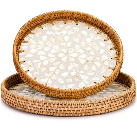 Buy Frcctre 2 Pack Round Rattan Serving Tray With Mother Of Pearl Inlay