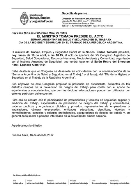 Gacetilla Tomada Preside Acto Semana Argentina Salud Y Seguridad En El