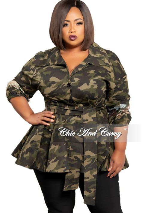 New Plus Size Sequin Peplum Jacket With Tie In Camouflage Print In 2020 Peplum Jacket Chic