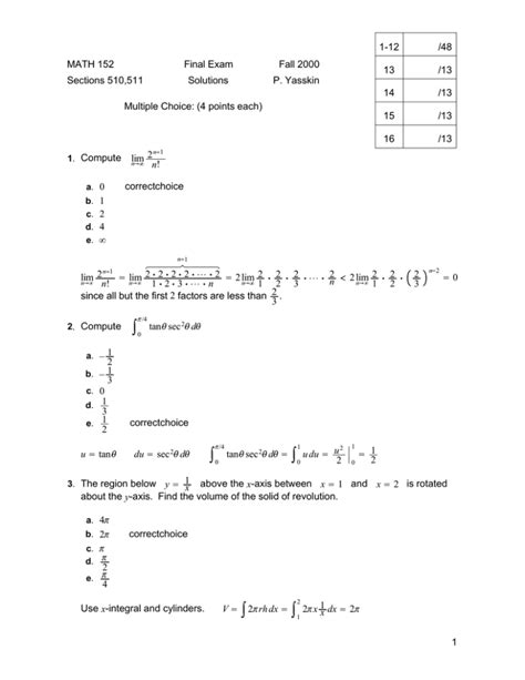 1 12 48 MATH 152 Final Exam