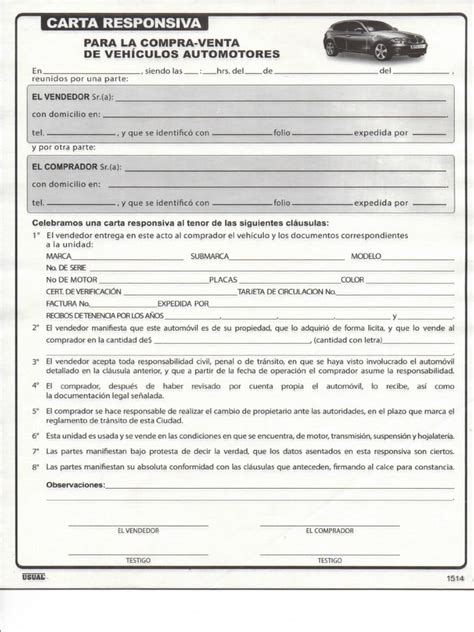 Carta Responsiva Compra Venta Auto Pdf