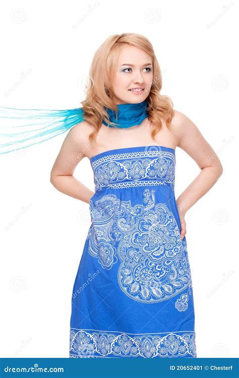 Woman Posing Wearing Blue Dress Stock Image Image Of Cute Background