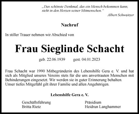 Traueranzeigen Von Sieglinde Schacht Trauer In Thueringen De