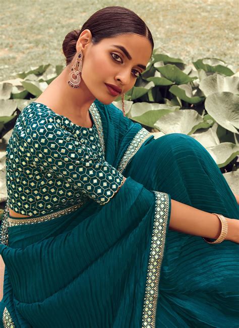 Shop Teal Vichitra Silk Classic Saree Online 235269