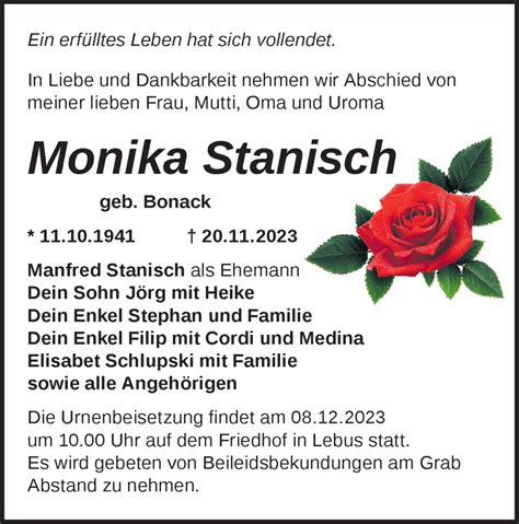 Traueranzeigen von Monika Stanisch Märkische Onlinezeitung Trauerportal