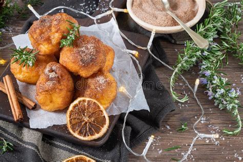 Traditional Portuguese Christmas Sweets Sonhos With Sugar And Cinnamon