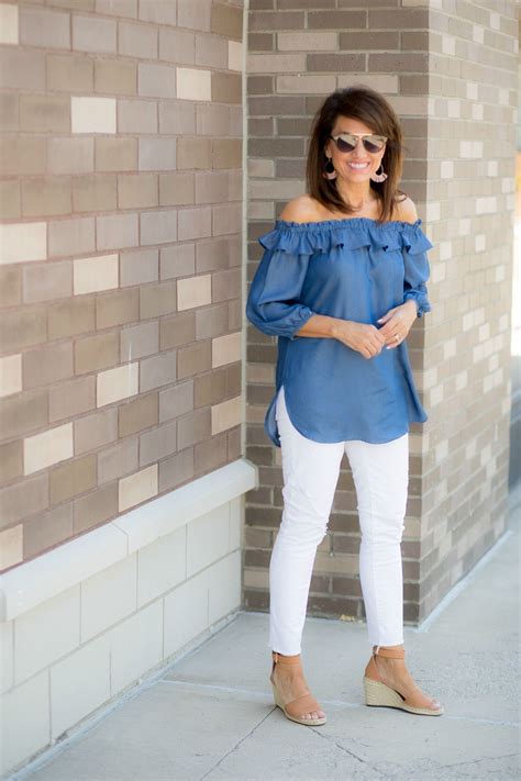 Chambray Off The Shoulder Top White Jeans S Fashion Petite Fashion