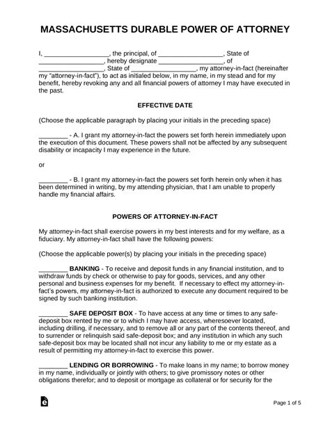 Free Massachusetts Power Of Attorney Forms 10 Types Pdf Word Eforms