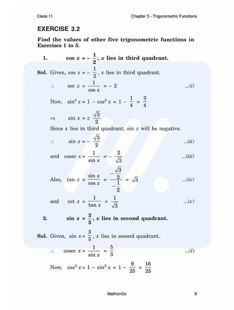 Ncert Solutions For Class 11 Maths Chapter 3 Trigonometric Functions