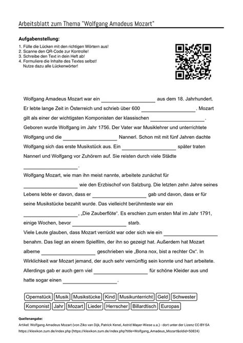 Arbeitsblätter Zum Thema Wolfgang Amadeus Mozart Lückentext Hörverstehen Lösung And Mp3