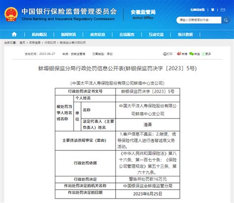 存在多项违法违规事实 太平洋人寿蚌埠支公司被罚16万凤凰网安徽凤凰网