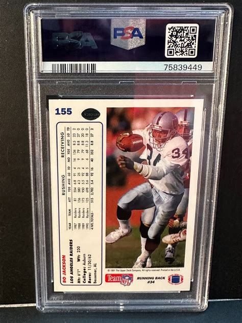 Bo Jackson 1991 Upper Deck Football Card 155 PSA 10 Gem Mint Raiders