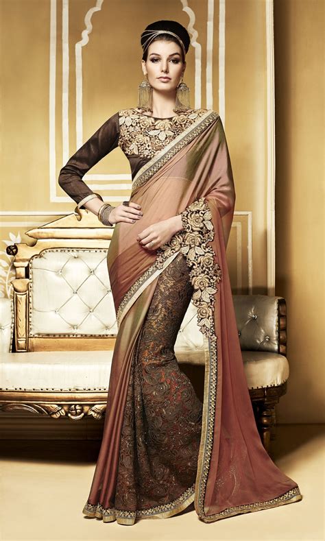 Party Wear Beige Brown Color Saree Stylish Sarees Party Wear Sarees