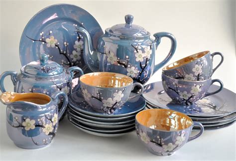 Cherry Blossom Lusterware Made In Japan Blue And Peach Etsy