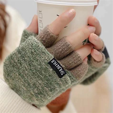 Women Knitted Flip Fingerless Gloves Exposed Harf Finger Mittens Winter