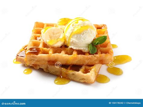 Delicious Waffles With Ice Cream Banana And Syrup Stock Photo Image