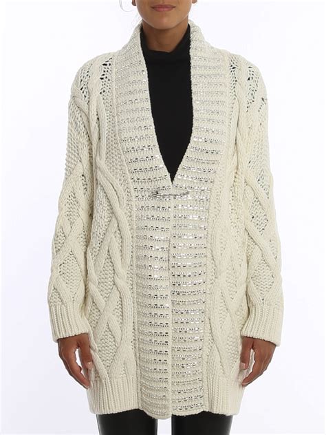 Cardigans Ermanno Scervino Crystal Trim Oversized Rib Knit Cardigan