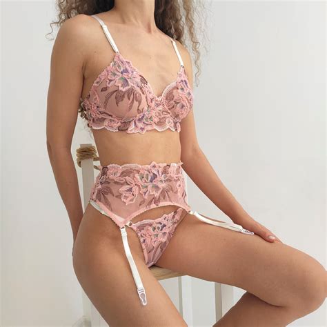 Flower Embroidered Lingerie SetPink Lace Lingerie Etsy