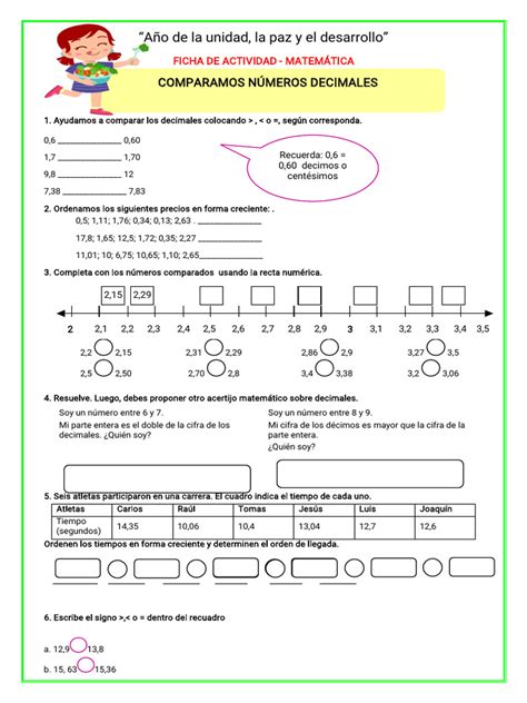 Ficha Mat Comparamos Números Decimales Pdf