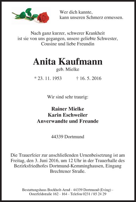 Traueranzeigen Von Anita Kaufmann Trauer In NRW De