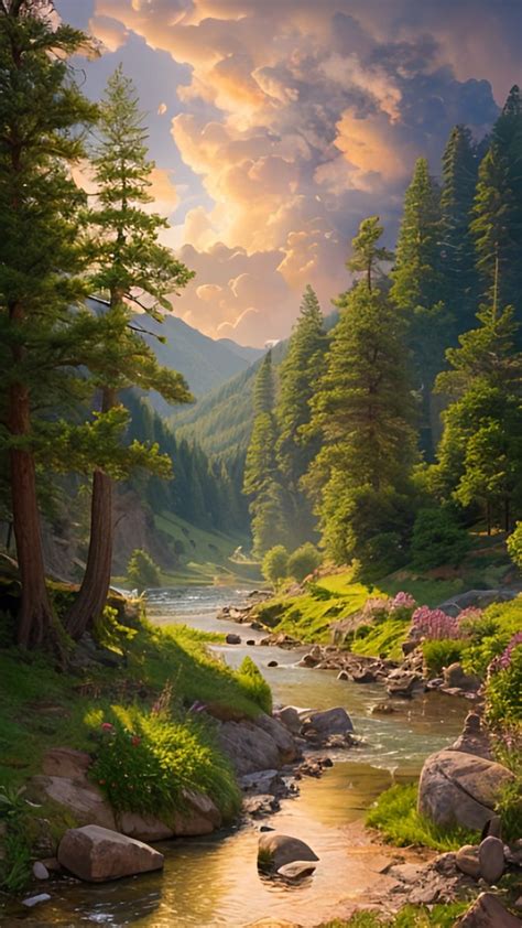 A River Running Through A Lush Green Forest Filled With Lots Of Trees