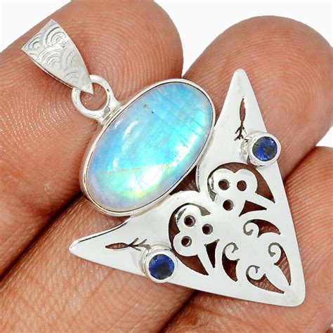 Tree Natural Rainbow Moonstone Iolite 925 Silver Pendant QA7