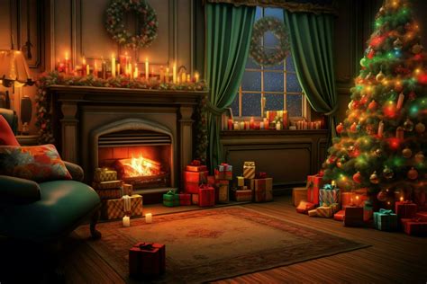 Cosy Living Room With Fireplace And Beautiful Christmas Tree In Classic