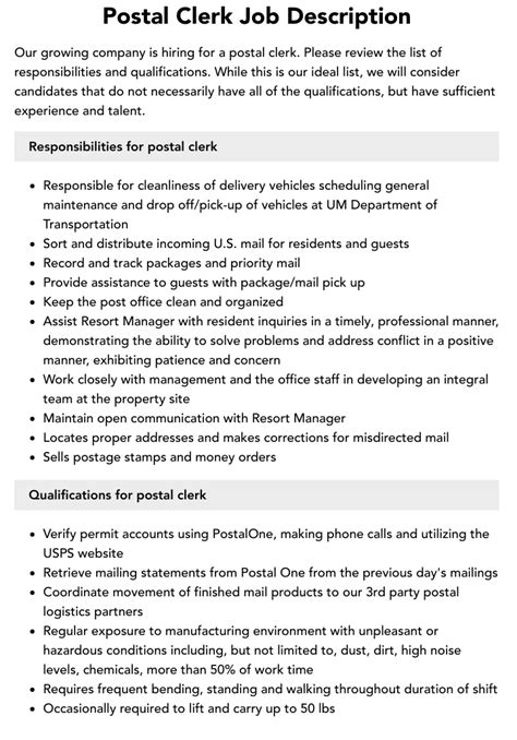 Postal Clerk Job Description Velvet Jobs