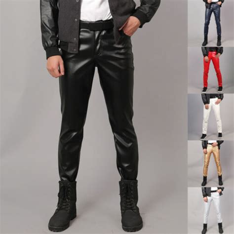 Men Faux Leather Pants Stretch Fleece Lined Slim Fit Trouser Wet Look