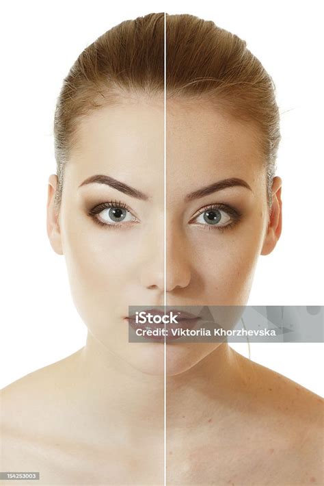 Wajah Wanita Muda Cantik Sebelum Dan Sesudah Retouch Foto Stok Unduh