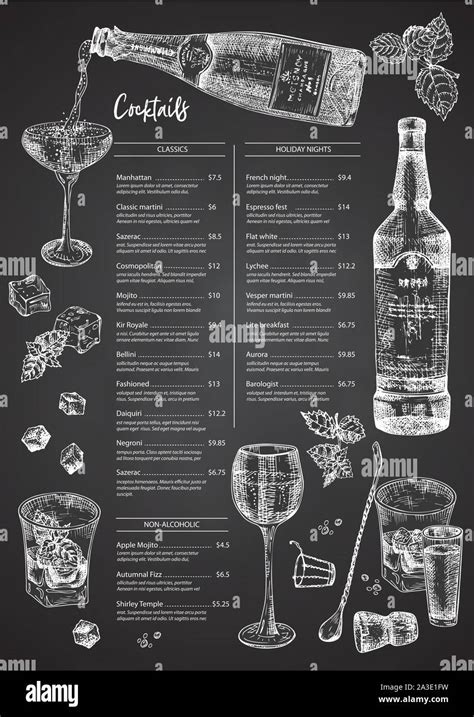 Cocktail Bar Menu Design Template Set In Retro Style Isolated On On Black Chalckboard Background