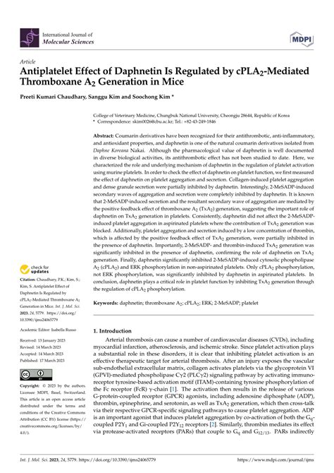 Pdf Antiplatelet Effect Of Daphnetin Is Regulated By Cpla Mediated