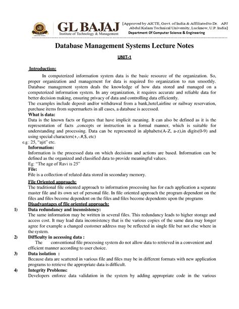 DBMS 1 DBMS Notes Database Management Systems Lecture Notes UNIT