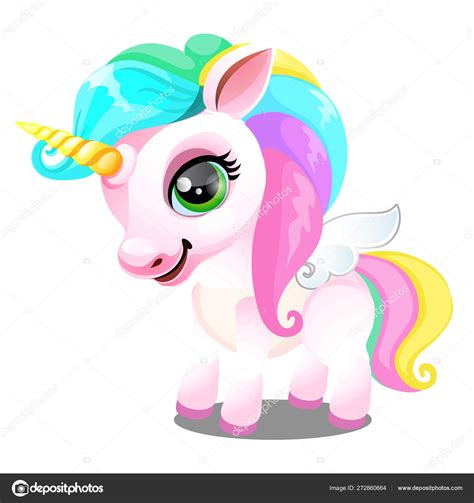 Cute Unicorn Pony With Mane Colors Of Rainbow Isolated On White