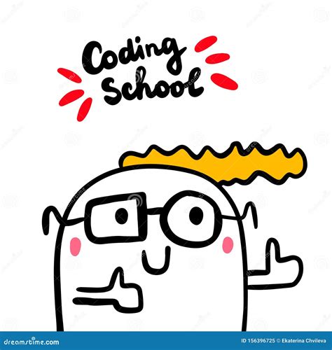 Coding School Hand Drawn Vector Illustration In Cartoon Style With Cute