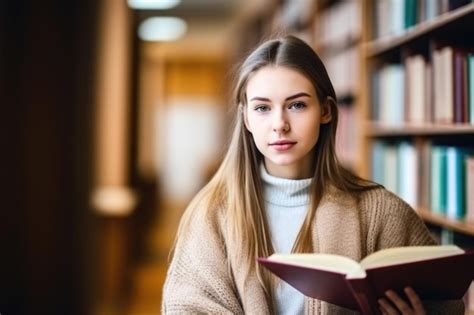 Premium AI Image Portrait Of A Pretty College Woman Reading In The