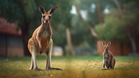 Kangourou Avec Un Petit Enfant Se Tient Sur La Pelouse Generative Ai