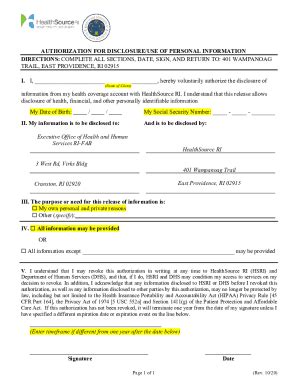 Fillable Online Eohhs Ri AUTHORIZATION FOR DISCLOSURE USE OF PERSONAL