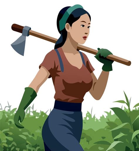 female farmer walking  carrying axe   shoulder  vector