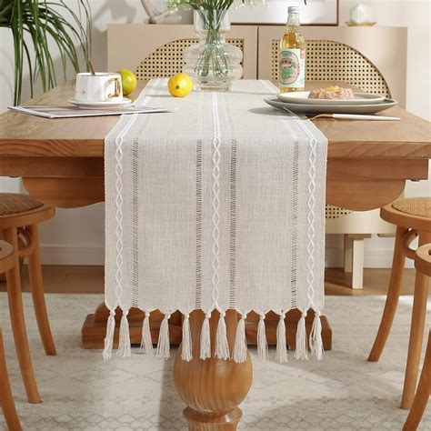 Laolitou Rustic Table Runner With Tassels Cotton Linen